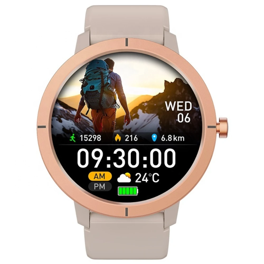 Zbliżenie na kobiecy smartwatch Exon Atria w kolorze różowego złota