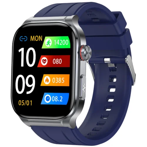 Smartwatch z granatowym silikonowym paskiem i dużym ekranem AMOLED.