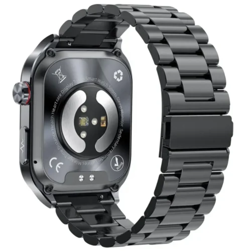 Zegarek z metalową bransoletą i przyciskiem EKG.