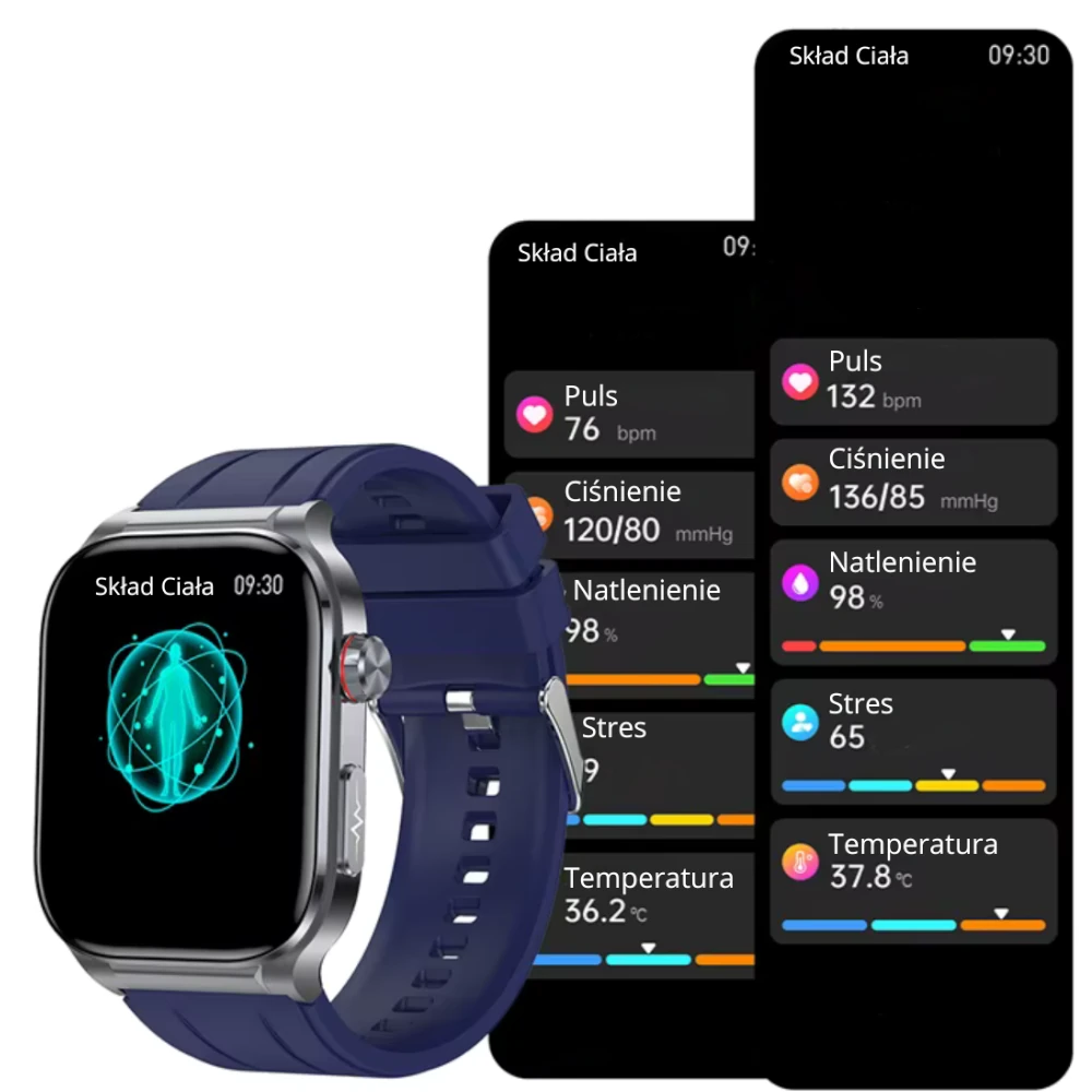 Smartwatch z pomiarem temperatury ciała i tętna.